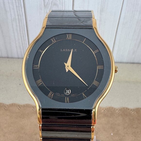 Vintage LassaleLuxury Watch Gun Metal Black on Gold, Roman Numeral Bezel - Picture 4 of 11